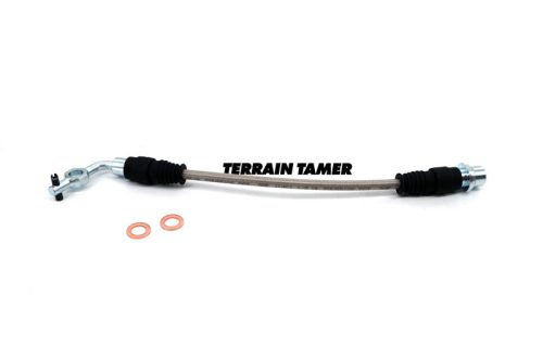 Terrain Tamer Fonott fékcső első jobb vagy bal oldali ABS-el szerelt vagy ABS nélküli modellekhez (Braided Brake Hose Front R/H Or L/H With And Without Abs) Toyota Landcruiser FZJ HZJ VDJ 76 78 79 HDJ 76 78 79 HZJ 71 1999->